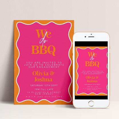The image is a pink invitation card and a white smartphone displaying an invitation for a BBQ event.
