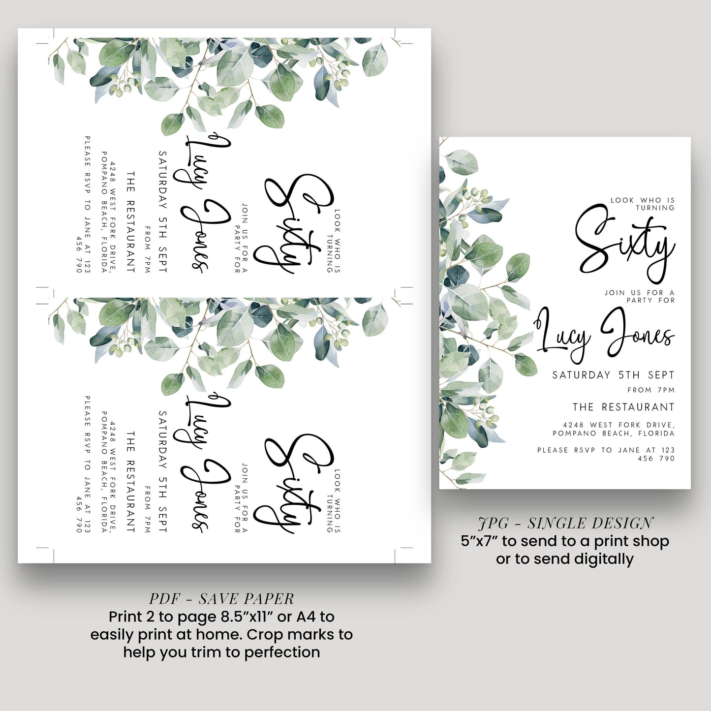 a wedding invitation for Lucy Jones, featuring a green leaf design. The invitation is for a Saturday, 5th September event at The Restaurant, Pompano Beach, Florida. The invitation is printed on a white background and includes details about the event, such as the date, time, and location.