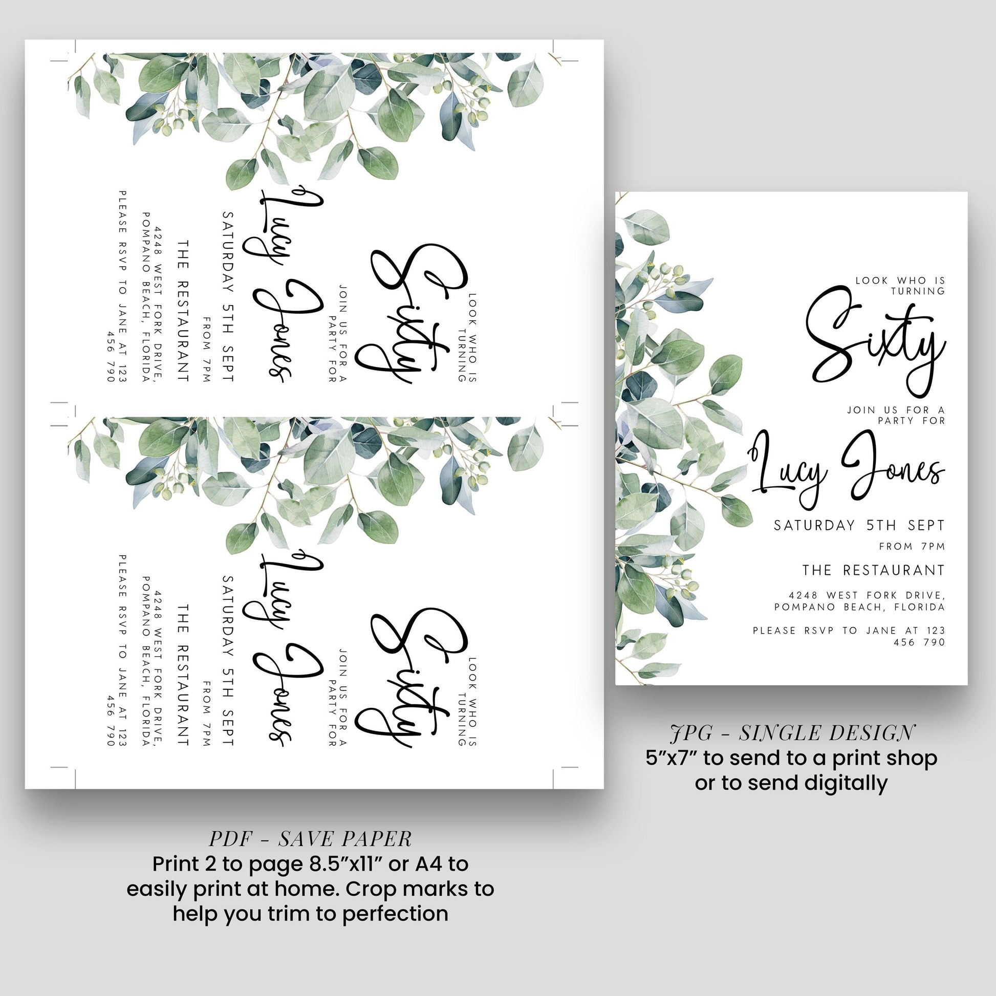 a wedding invitation for Lucy Jones, featuring a green leaf design. The invitation is for a Saturday, 5th September event at The Restaurant, Pompano Beach, Florida. The invitation is printed on a white background and includes details about the event, such as the date, time, and location.