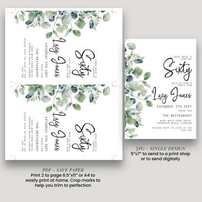 a wedding invitation for Lucy Jones, featuring a green leaf design. The invitation is for a Saturday, 5th September event at The Restaurant, Pompano Beach, Florida. The invitation is printed on a white background and includes details about the event, such as the date, time, and location.