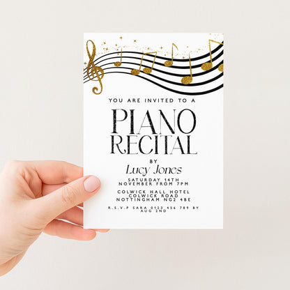 a person holding a white invitation card with black text and a musical note design.