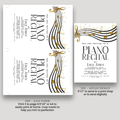 The image is a collage of two invitation designs for a piano recital. The left design is a larger white invitation with black text and musical notes, while the right design is a smaller white invitation with black text and musical notes. Both designs feature the text "You are invited to a PIANO RECITAL" and include details about the event, such as the date, time, and location.