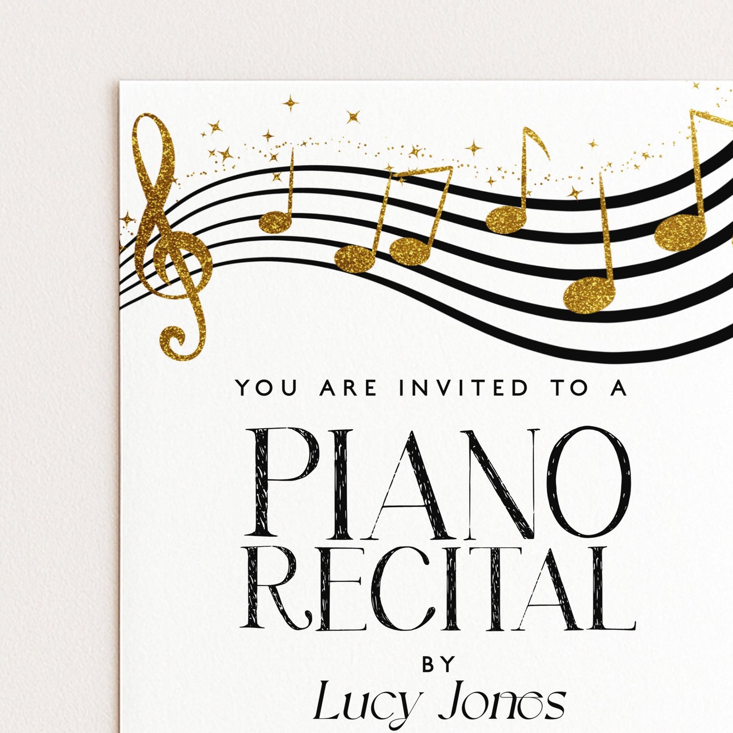 The image is a poster for a piano recital, featuring a musical note design and the text "You are invited to a PIANO RECITAL by Lucy Jones".