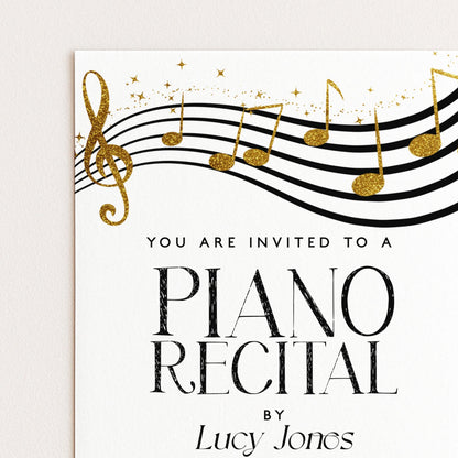 The image is a poster for a piano recital, featuring a musical note design and the text "You are invited to a PIANO RECITAL by Lucy Jones".