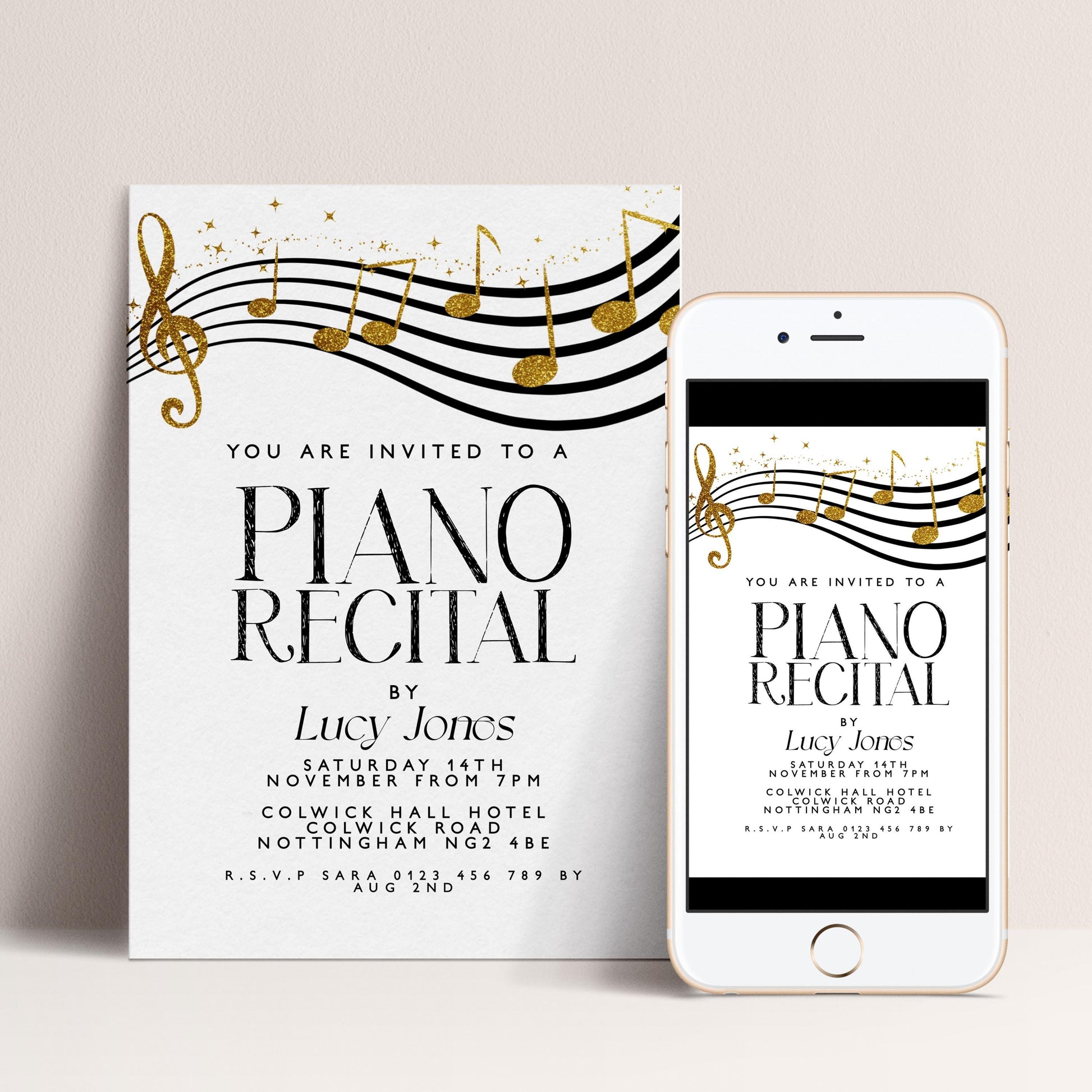 The image is a poster and a mobile phone screen displaying an invitation to a piano recital.