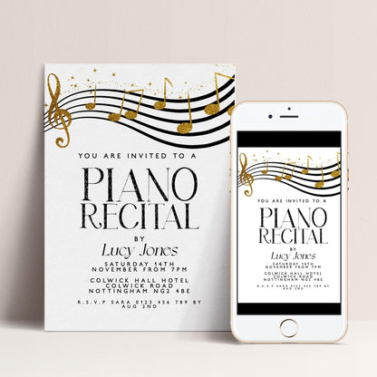 The image is a poster and a mobile phone screen displaying an invitation to a piano recital.