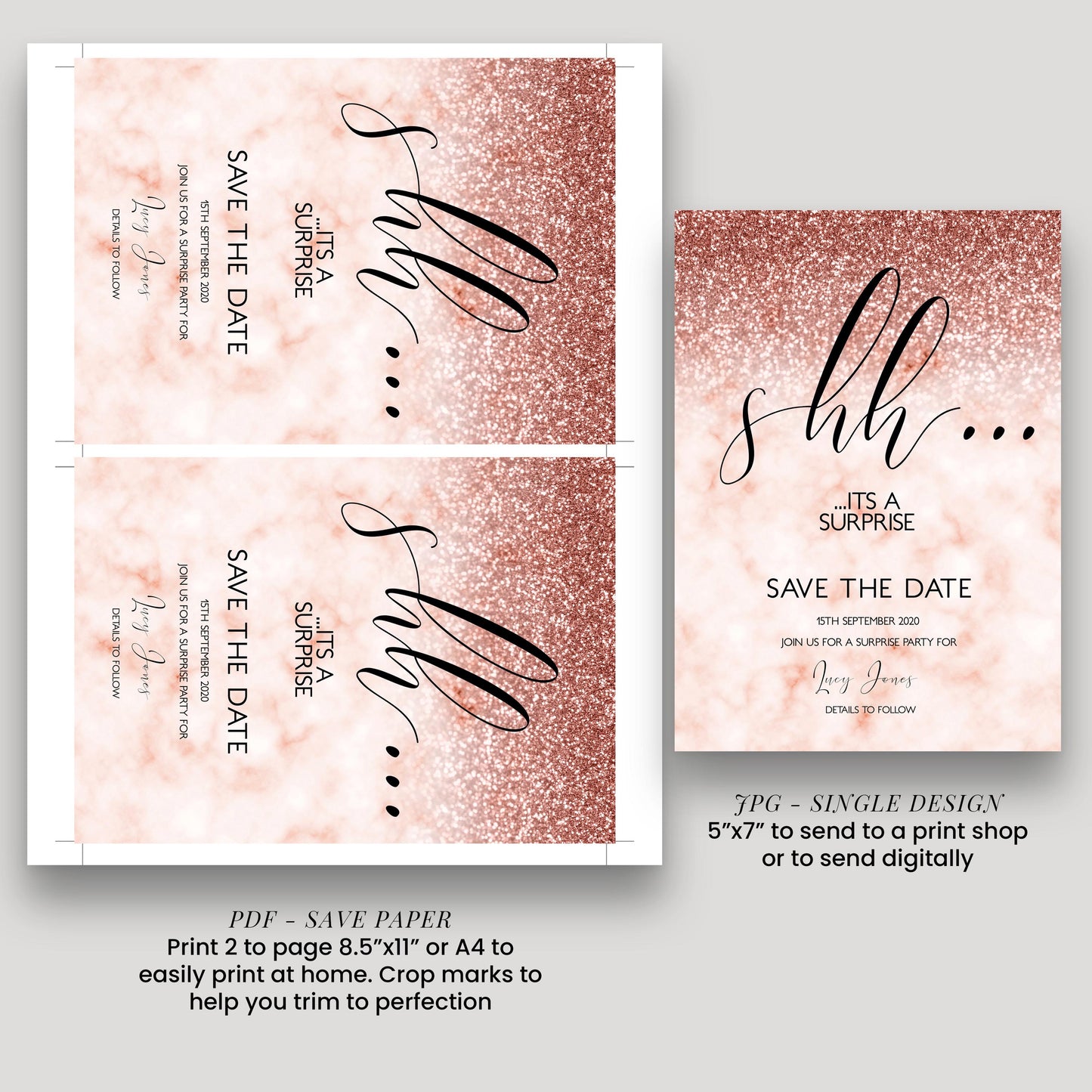 a pink glitter design with the text "It's a surprise" and instructions for creating a save the date card.
