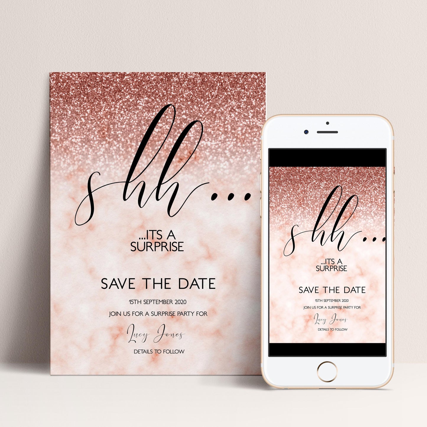 a pink glittery background with the text "shh... IT'S A SURPRISE SAVE THE DATE" and "14TH SEPTEMBER 2023" printed on it. The text is accompanied by a call to action to "JOIN US FOR A SURPRISE PARTY FOR A NOVEMBER PARTY FOR DATES TO FOLLOW" and includes the names "LUCY JONES" and "DEWITT JONES" at the bottom.