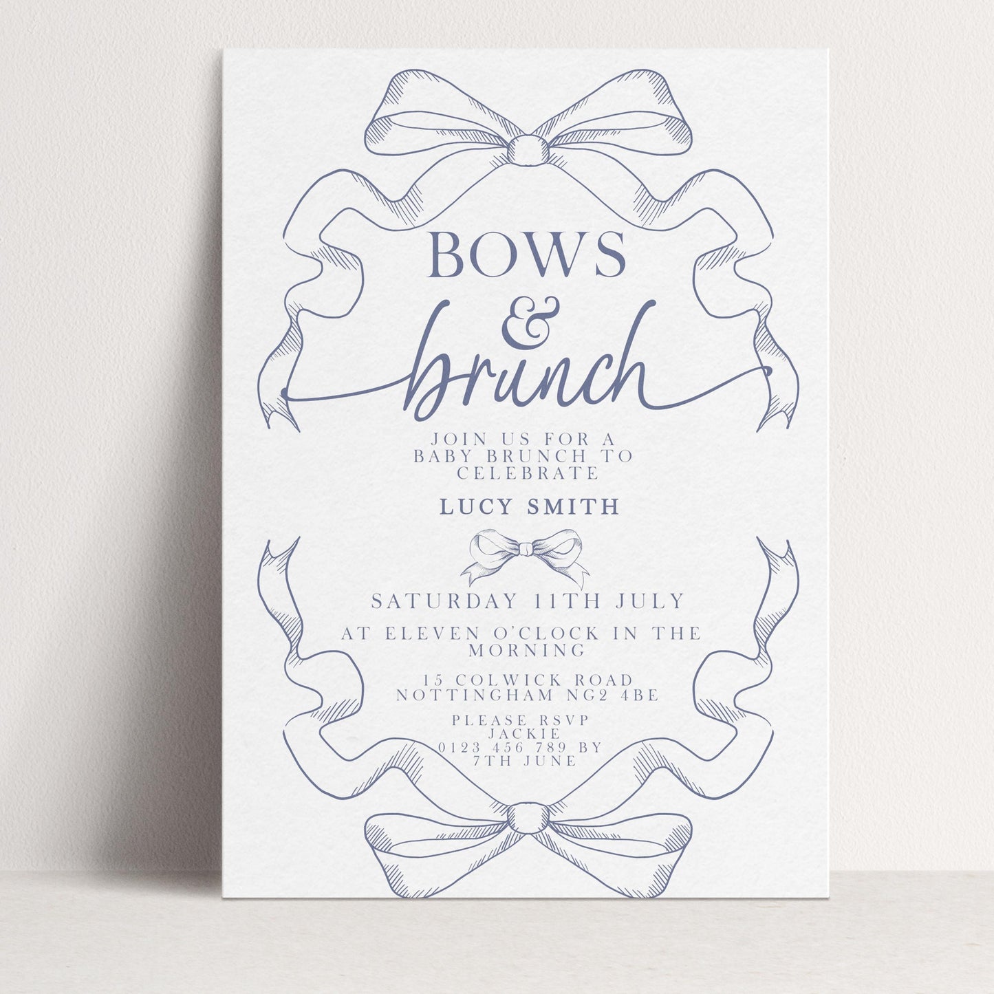 The image is a wedding invitation featuring a blue and white color scheme with decorative bows and ribbons.