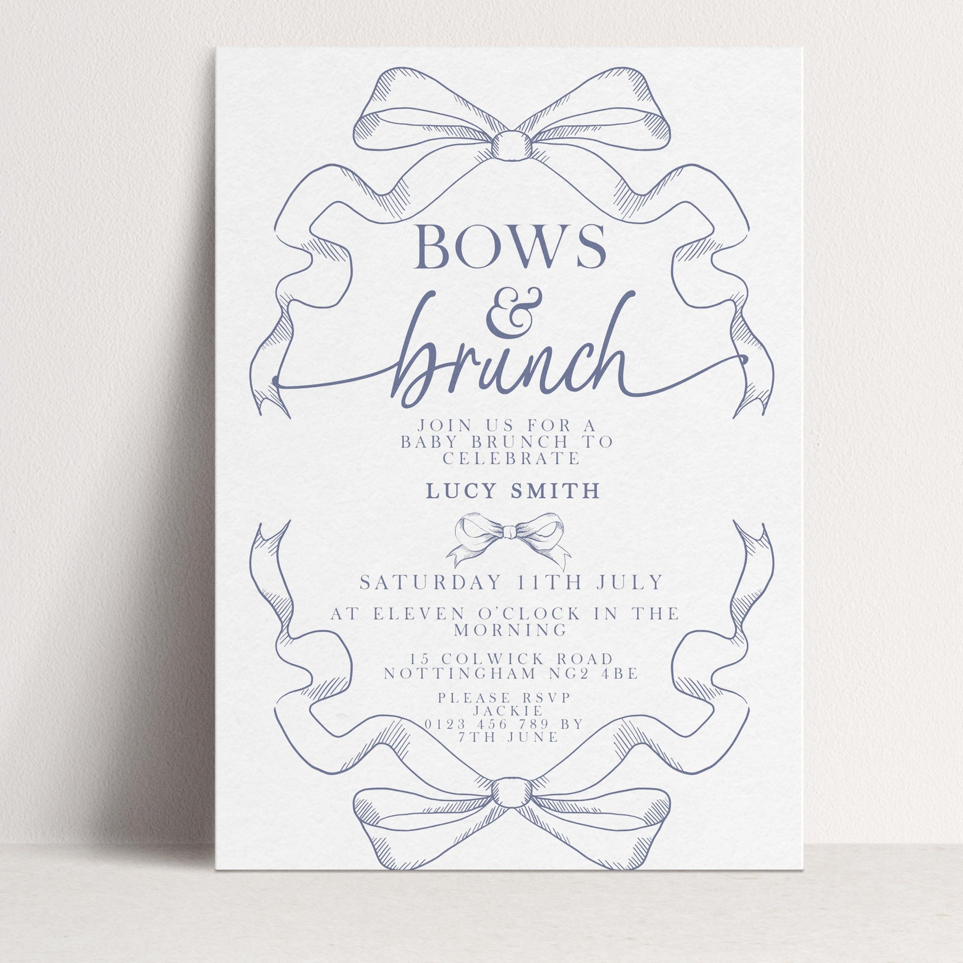 The image is a wedding invitation featuring a blue and white color scheme with decorative bows and ribbons.