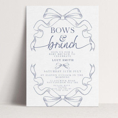 The image is a wedding invitation featuring a blue and white color scheme with decorative bows and ribbons.