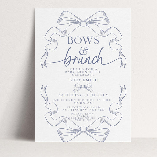 The image is a wedding invitation featuring a blue and white color scheme with decorative bows and ribbons.