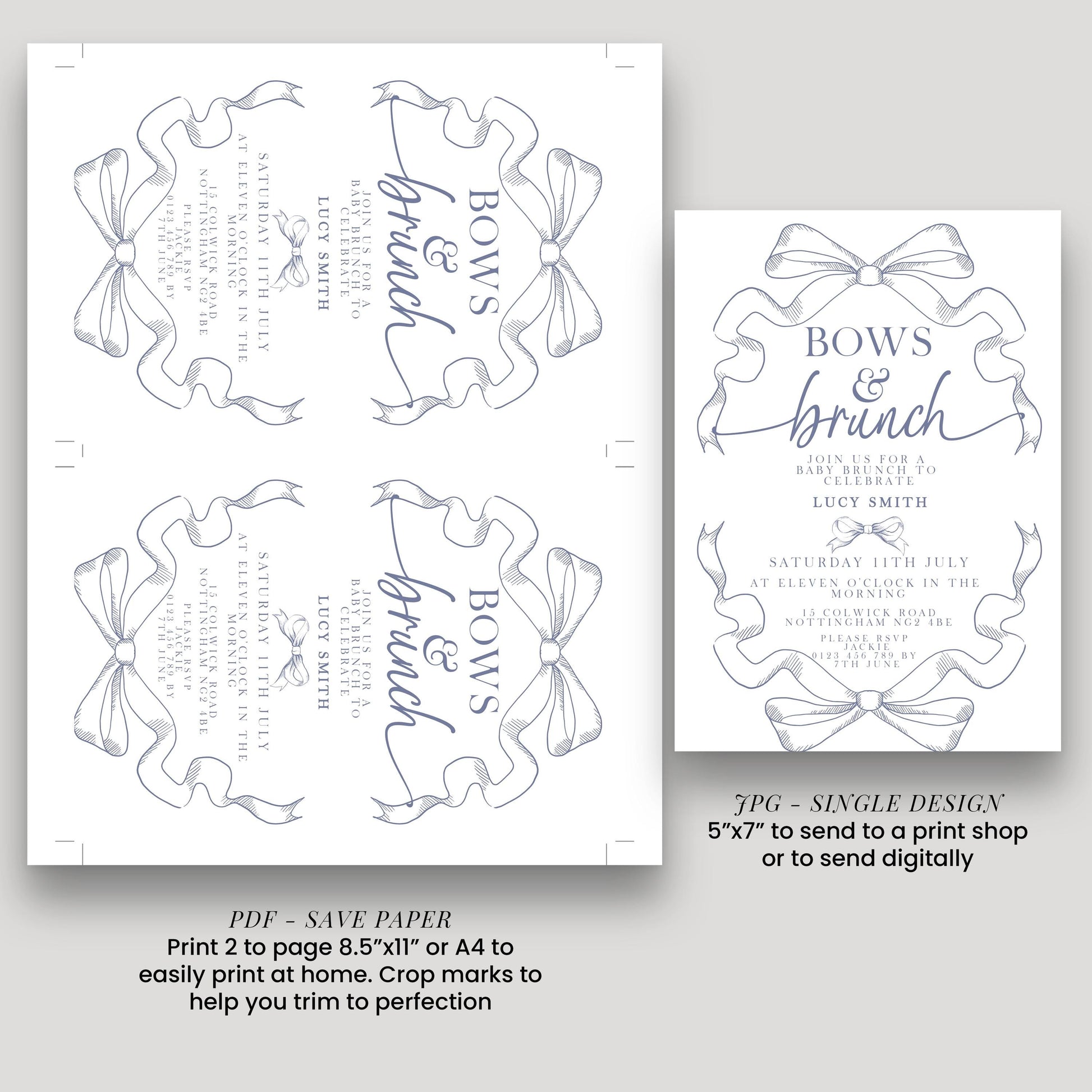 a wedding invitation featuring a bow design and text.