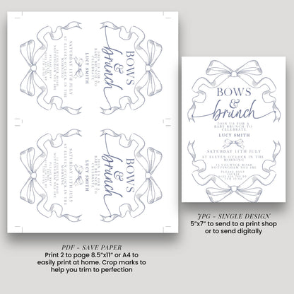 a wedding invitation featuring a bow design and text.