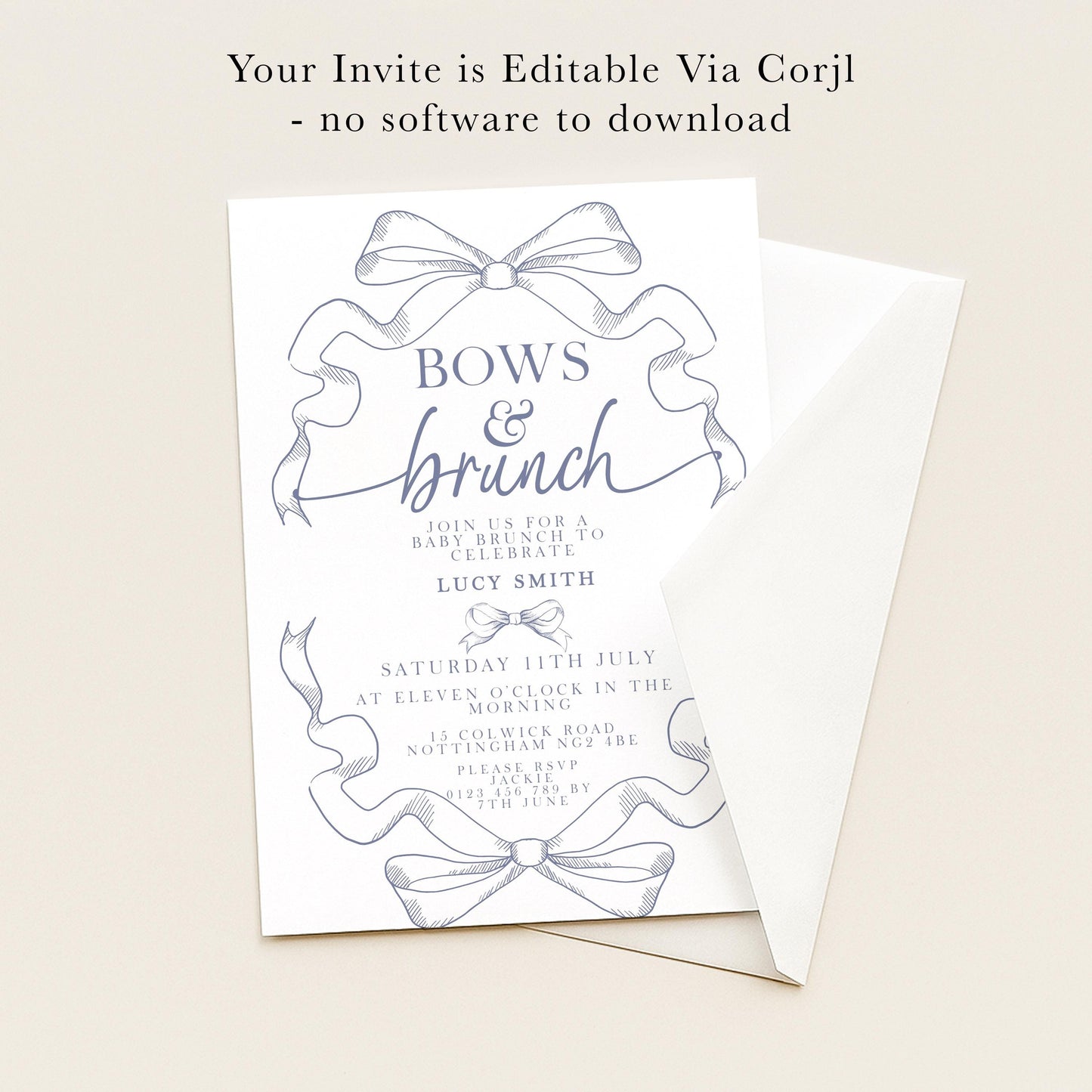 The image is a wedding invitation card with a blue and white color scheme. The text on the card reads "Your Invite is Editable Via Corjl - no software to download".
