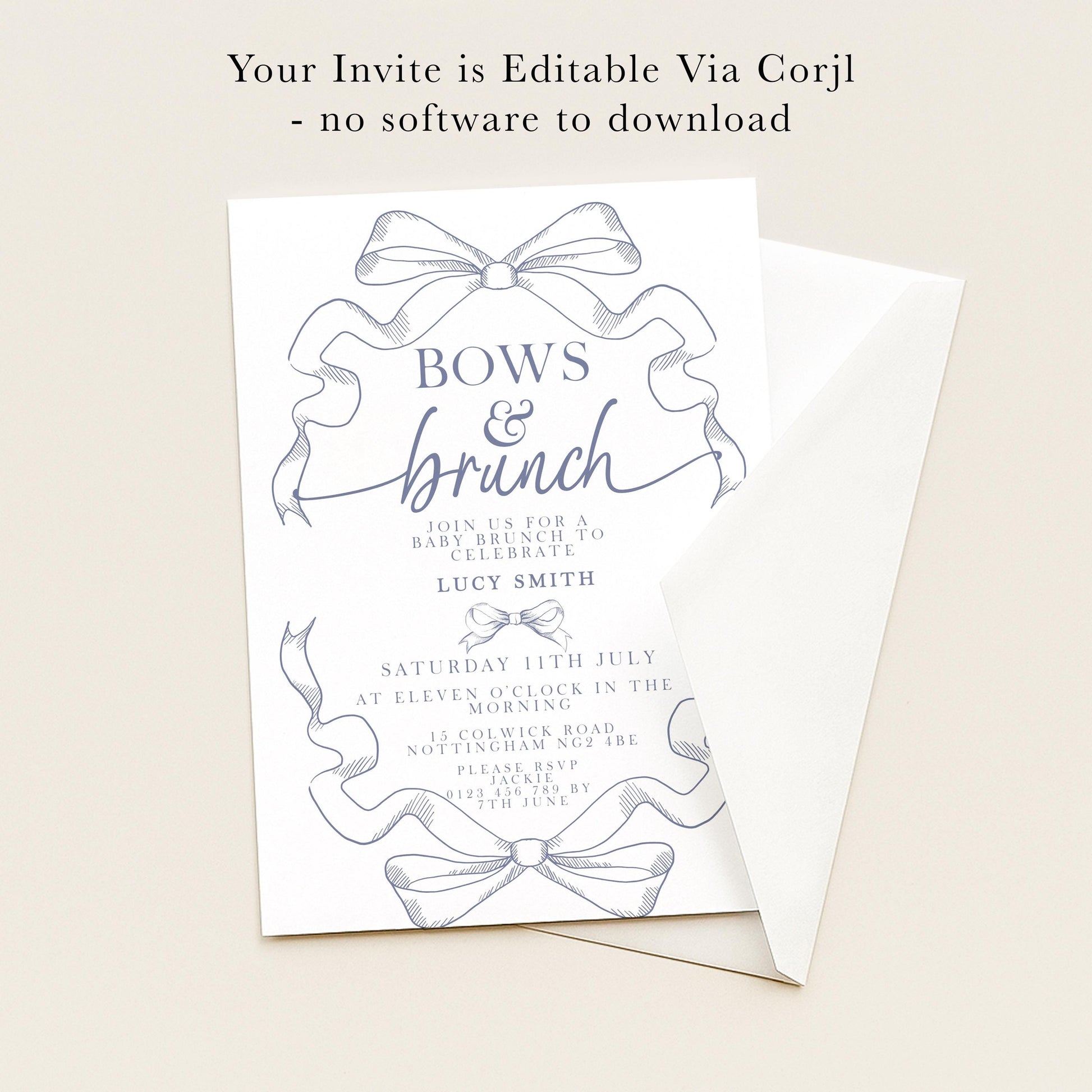 The image is a wedding invitation card with a blue and white color scheme. The text on the card reads "Your Invite is Editable Via Corjl - no software to download".