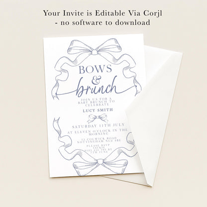 The image is a wedding invitation card with a blue and white color scheme. The text on the card reads "Your Invite is Editable Via Corjl - no software to download".