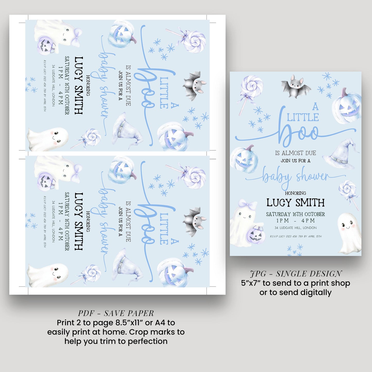 a baby shower invitation for a baby named Lucy Smith. The invitation features a Halloween theme with various spooky and ghostly elements, such as bats, pumpkins, and ghostly figures. The invitation is designed to be printed on paper or sent digitally, and it includes details about the event, such as the date, time, location, and RSVP information.