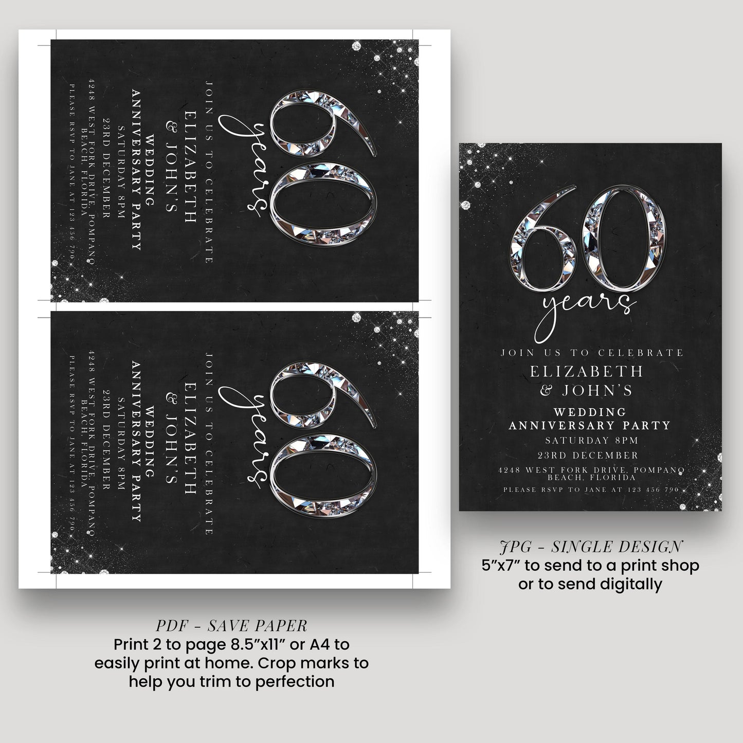 a collection of three black and white invitation cards, each celebrating a milestone, likely a 60th anniversary party. The cards feature the number 60 prominently and are designed to be printed or sent to a print shop or digitally.