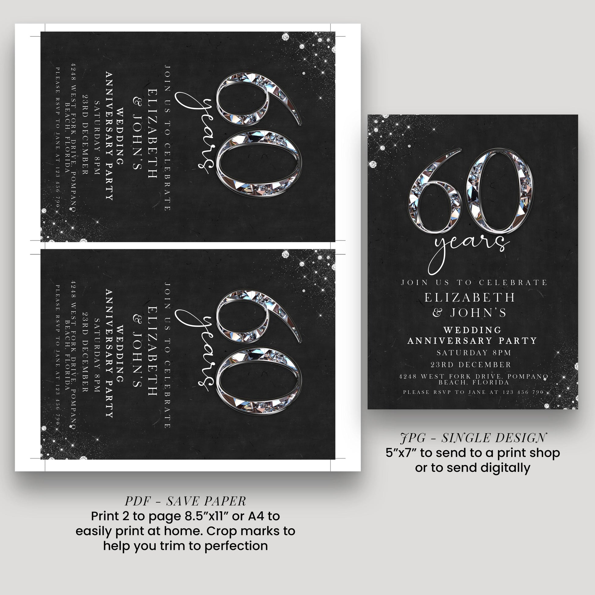 a collection of three black and white invitation cards, each celebrating a milestone, likely a 60th anniversary party. The cards feature the number 60 prominently and are designed to be printed or sent to a print shop or digitally.