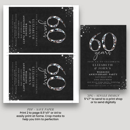 a collection of three black and white invitation cards, each celebrating a milestone, likely a 60th anniversary party. The cards feature the number 60 prominently and are designed to be printed or sent to a print shop or digitally.