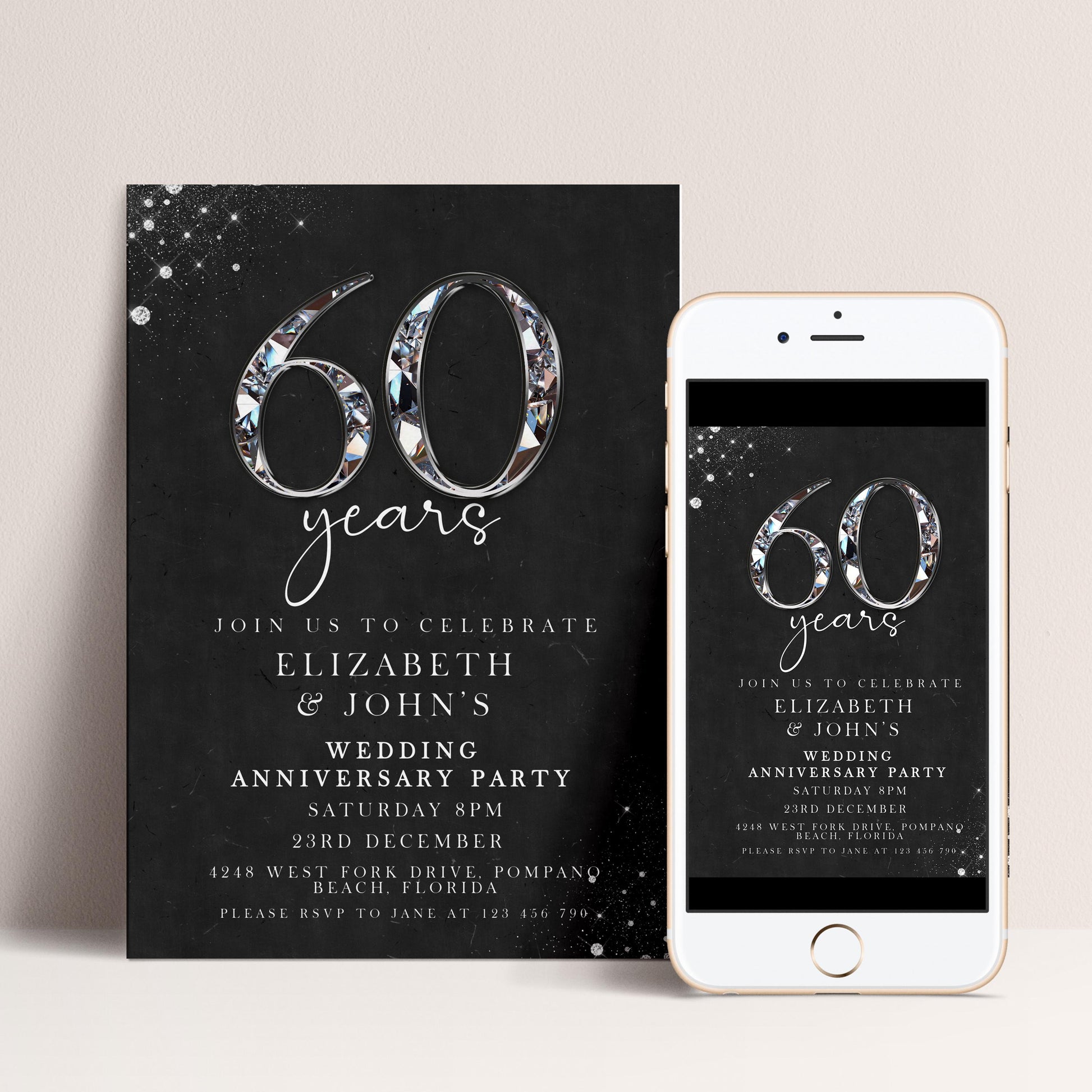 The image is a black and white invitation card for a 60th anniversary party, featuring the number 60 and the names of the couple.