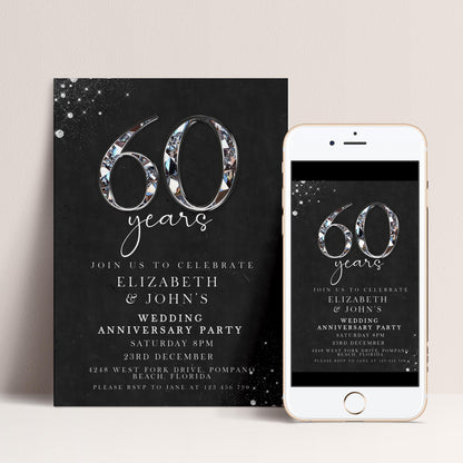 The image is a black and white invitation card for a 60th anniversary party, featuring the number 60 and the names of the couple.