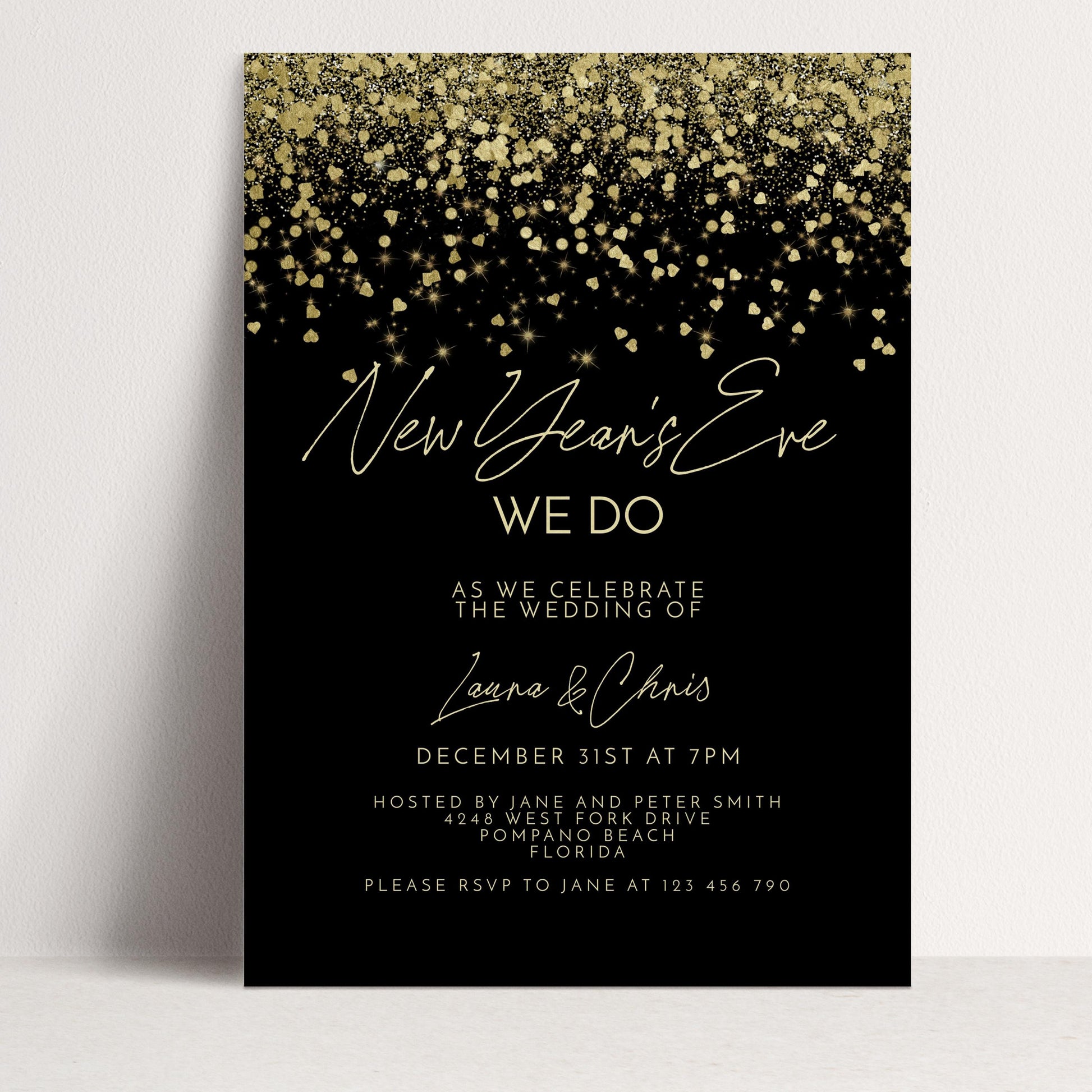 The image is a wedding invitation for the New Year's Eve celebration of the wedding of Lauren and Chris.