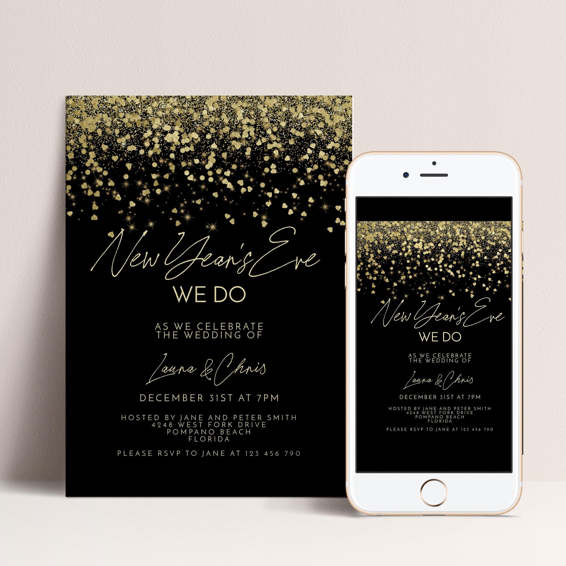 The image is a wedding invitation featuring a black background with gold glitter and text.