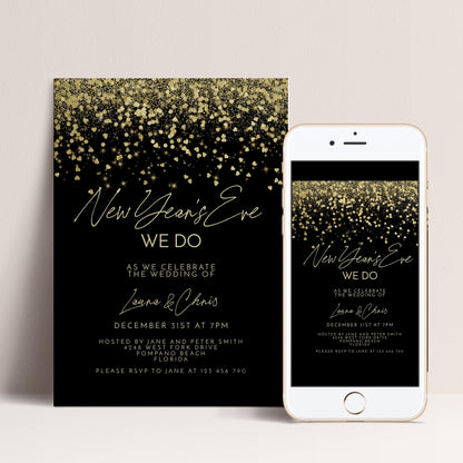The image is a wedding invitation featuring a black background with gold glitter and text.