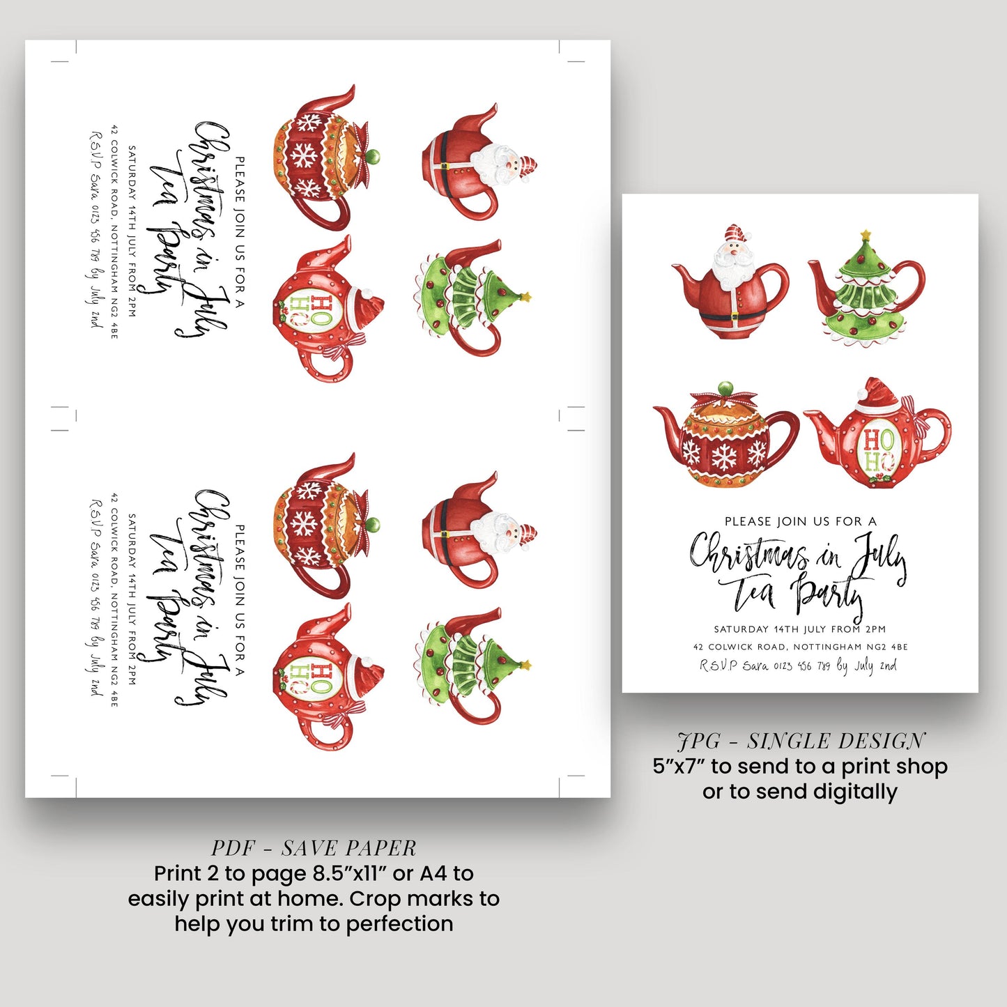 a Christmas-themed invitation for a tea party, featuring illustrations of Christmas teapots and Santa Claus. The invitation is designed to be printed on paper or sent digitally, depending on the user's preference.