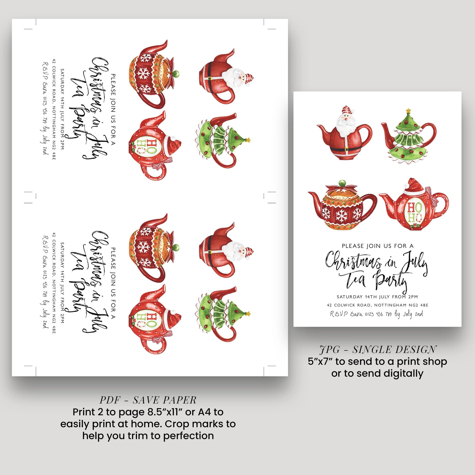 a Christmas-themed invitation for a tea party, featuring illustrations of Christmas teapots and Santa Claus. The invitation is designed to be printed on paper or sent digitally, depending on the user's preference.