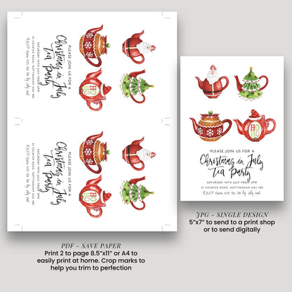a Christmas-themed invitation for a tea party, featuring illustrations of Christmas teapots and Santa Claus. The invitation is designed to be printed on paper or sent digitally, depending on the user's preference.