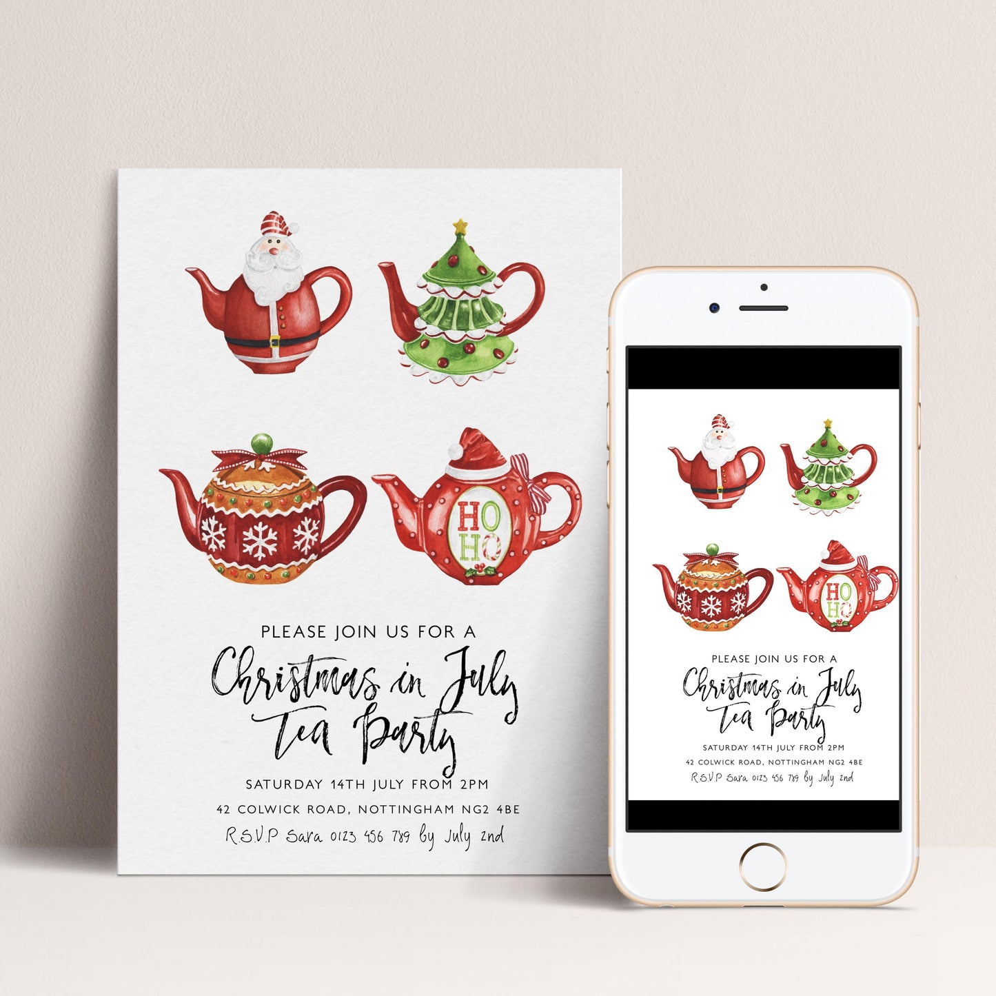 The image is a Christmas-themed invitation for a tea party, featuring illustrations of Christmas-themed teapots and a Santa Claus figure.