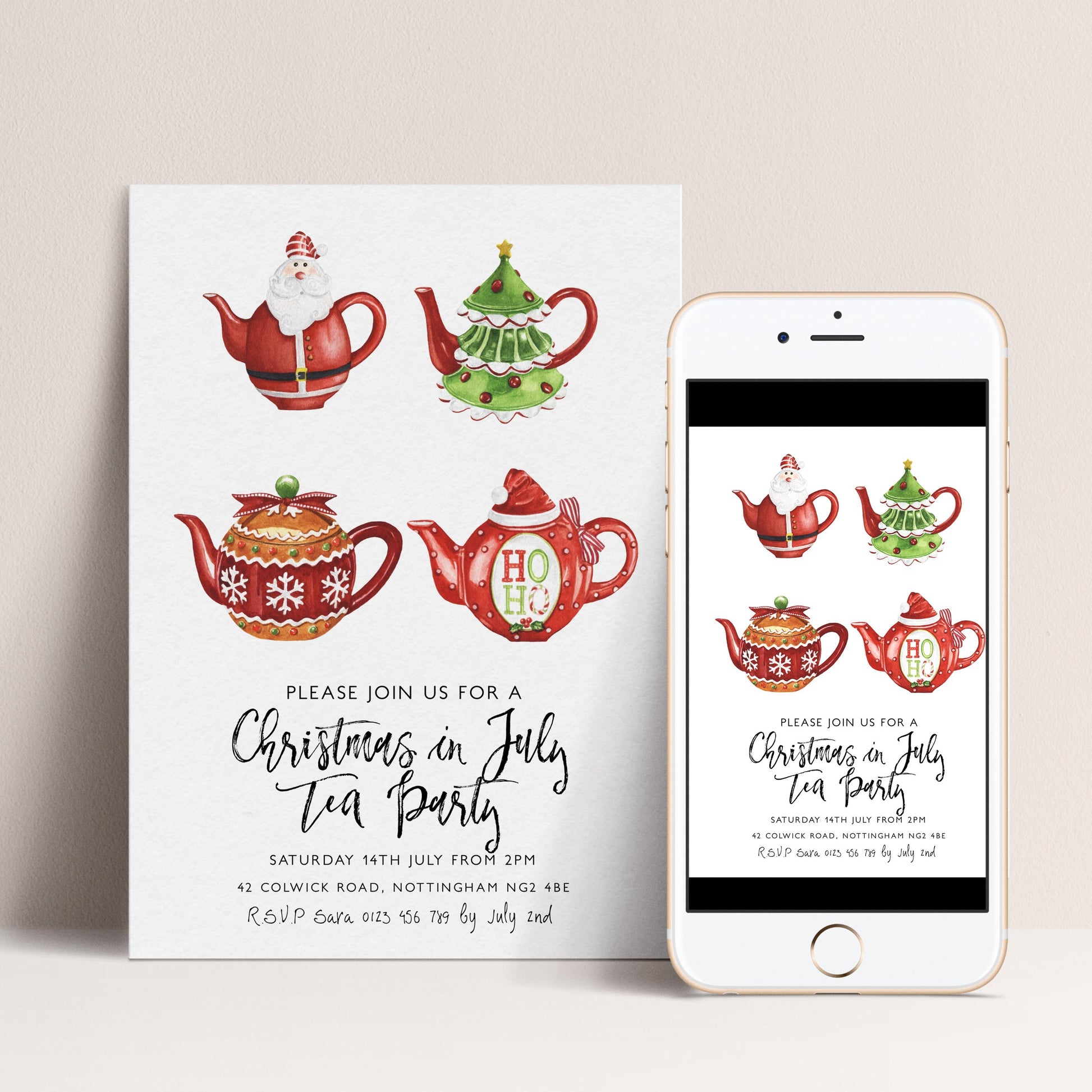 The image is a Christmas-themed invitation for a tea party, featuring illustrations of Christmas-themed teapots and a Santa Claus figure.