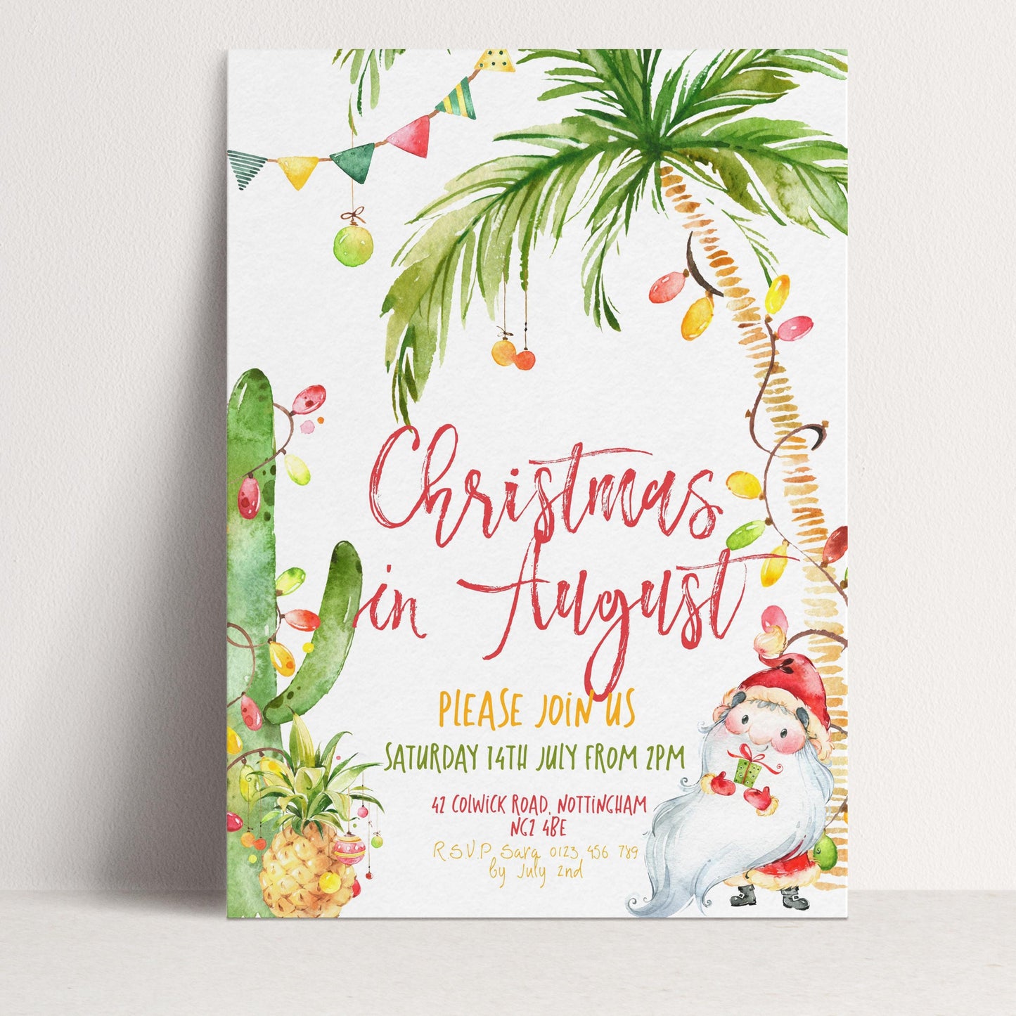 The image is a Christmas invitation featuring a tropical theme with palm trees, colorful lights, and a Santa Claus figure.