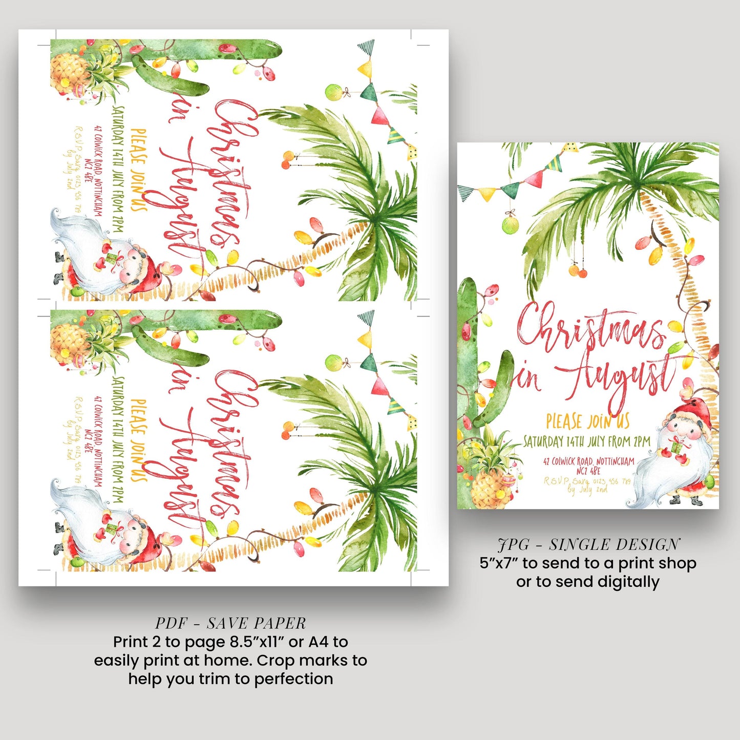 a collage of three different Christmas-themed designs, including a Christmas tree, a Santa Claus figure, and a palm tree. The designs are printed on paper and are described as a single design, a single design with a 5"x7" size, and a single design with a 5"x7" size. The designs are intended to be used for a Christmas party or event, and they feature festive elements such as pineapples, ornaments, and other holiday decorations.