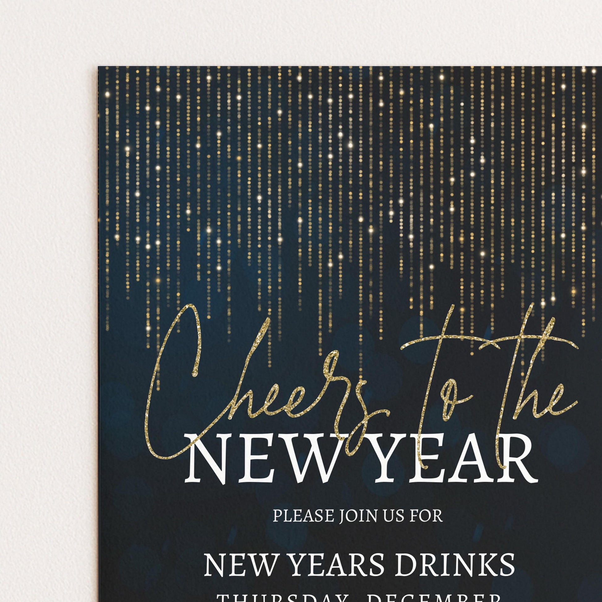 The image is a poster for a New Year's party, featuring a glittery background with the text "Cheers to the NEW YEAR" and inviting people to join for drinks on Thursday, December 1st.