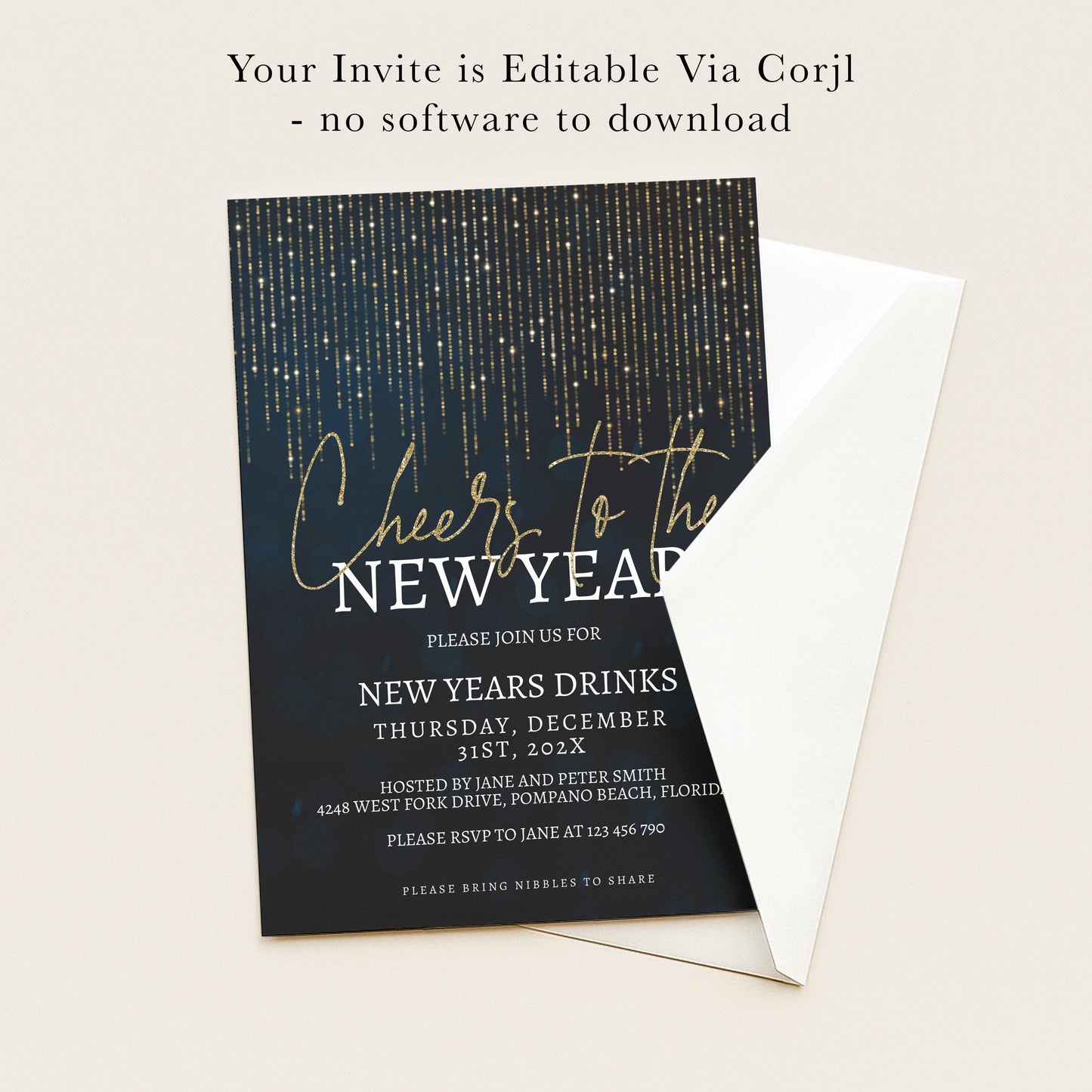 The image is a New Year's party invitation with a black background and gold glittering text.