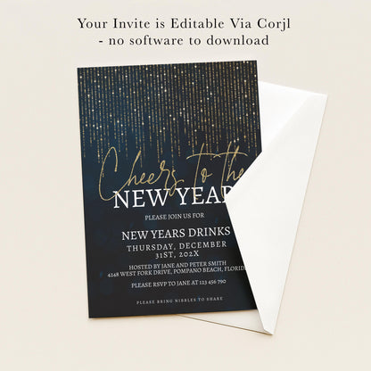 The image is a New Year's party invitation with a black background and gold glittering text.