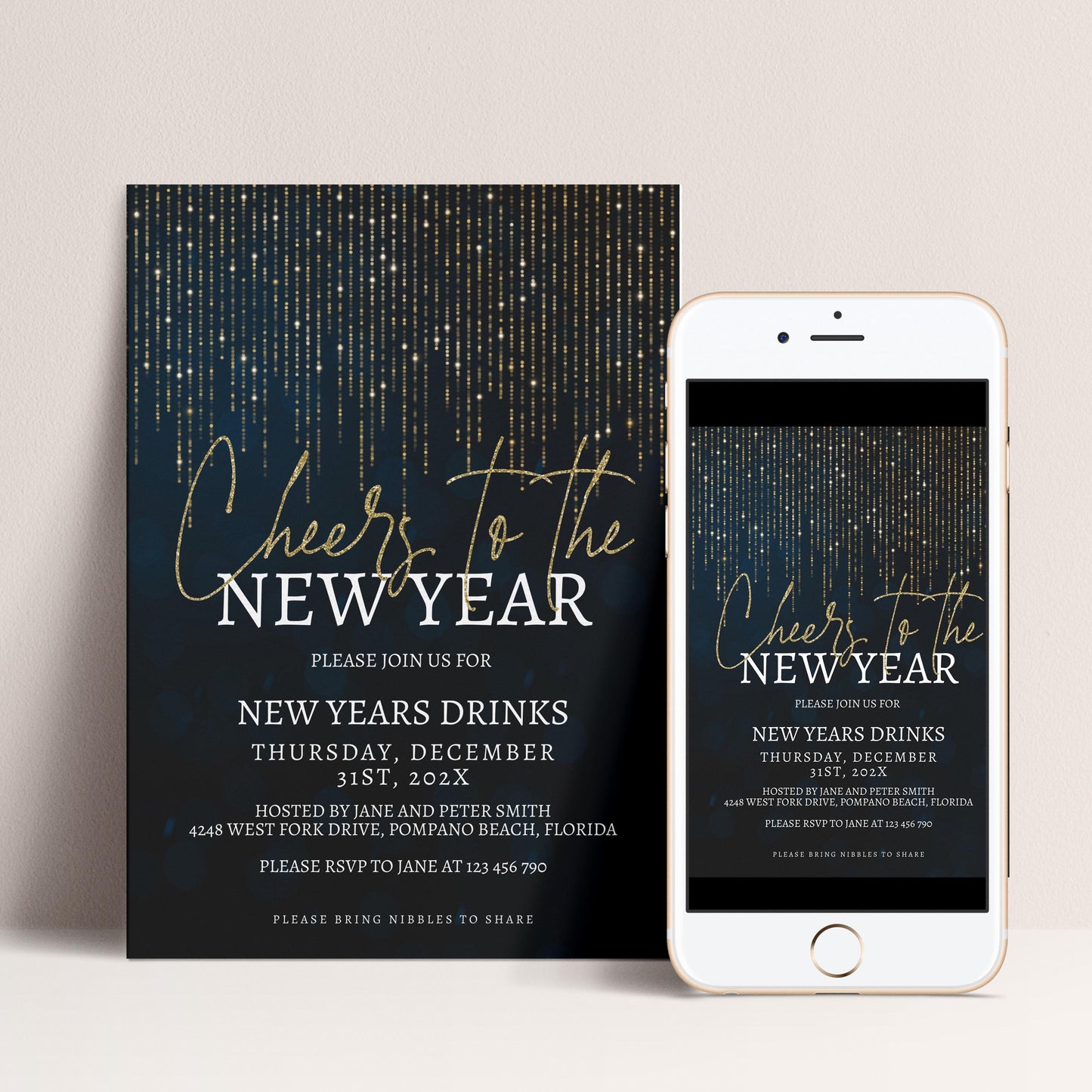 a black and gold invitation for a New Year's party, with a smartphone image of the same invitation on the right side.