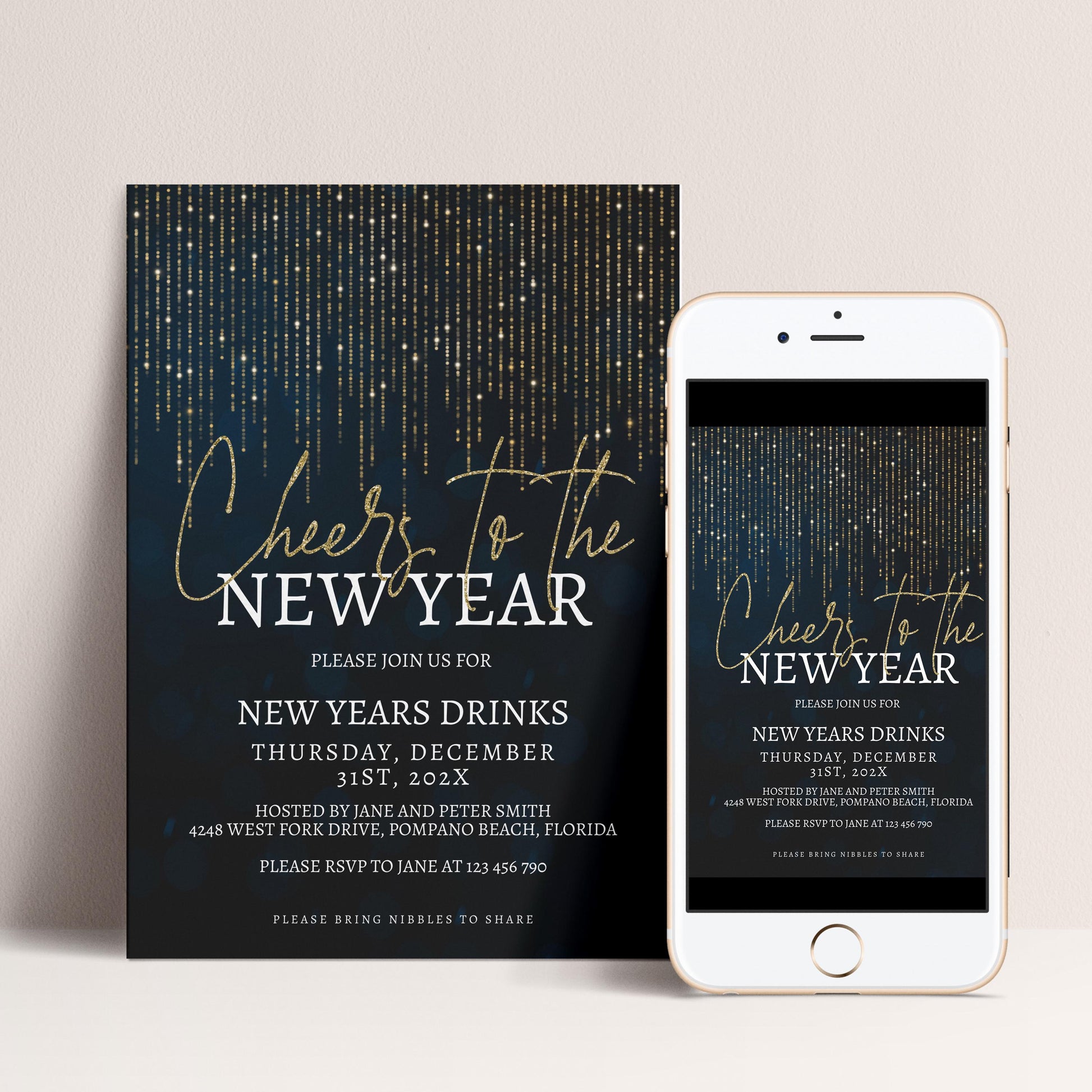 a black and gold invitation for a New Year's party, with a smartphone image of the same invitation on the right side.