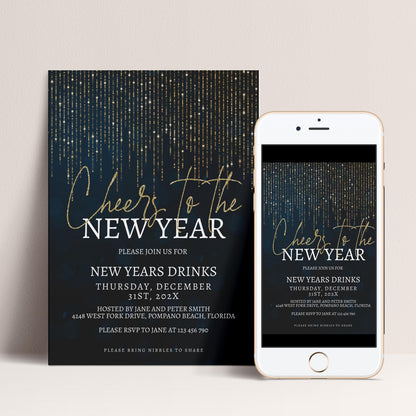 a black and gold invitation for a New Year's party, with a smartphone image of the same invitation on the right side.