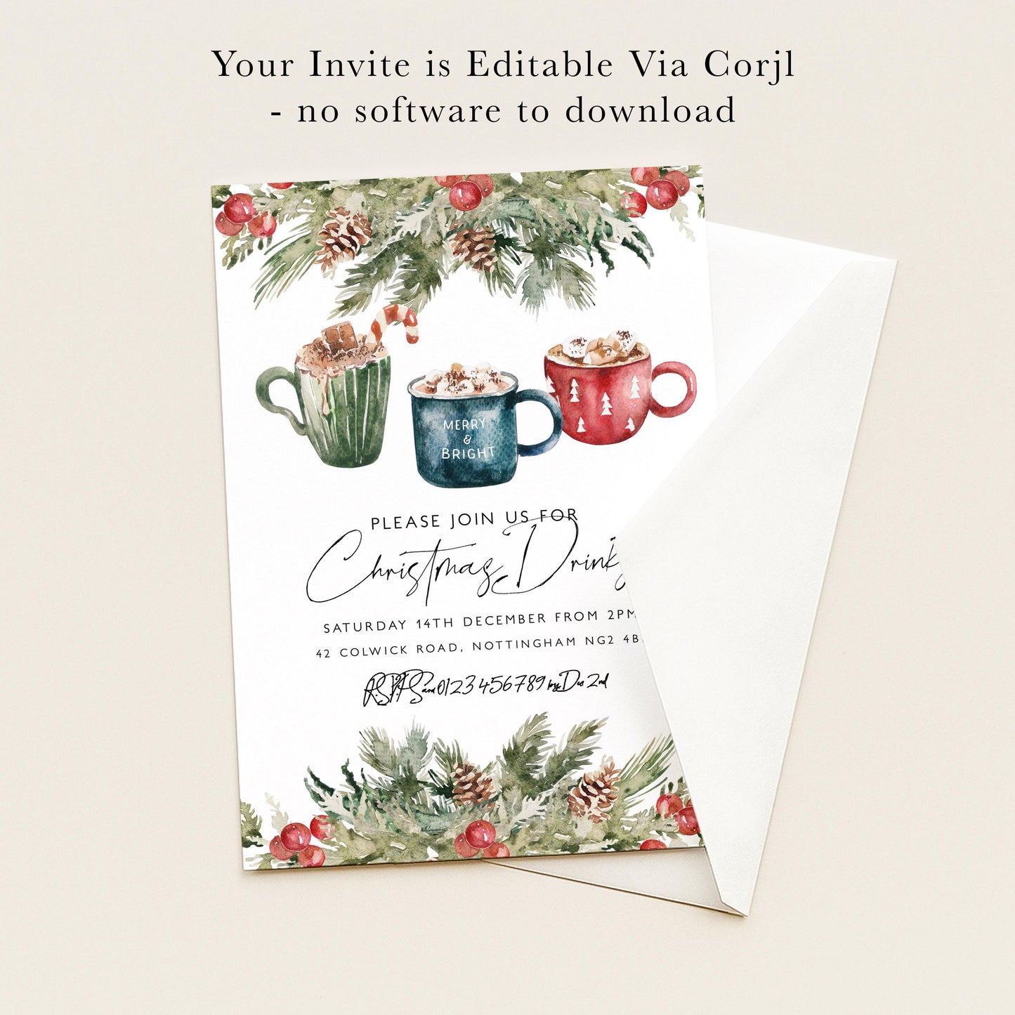 The image is a Christmas-themed invitation card with illustrations of mugs of hot beverages, pine cones, and berries. The text invites guests to a Christmas drink event on Saturday, 14th December from 2pm, at 42 Cowwich Road, Nottingham NG4.