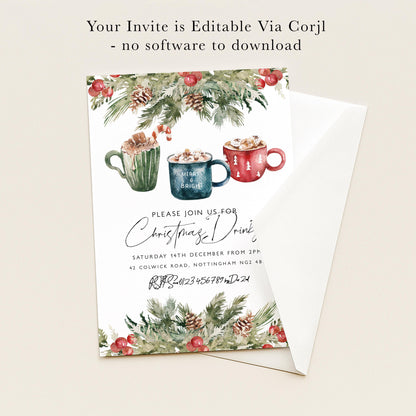 The image is a Christmas-themed invitation card with illustrations of mugs of hot beverages, pine cones, and berries. The text invites guests to a Christmas drink event on Saturday, 14th December from 2pm, at 42 Cowwich Road, Nottingham NG4.