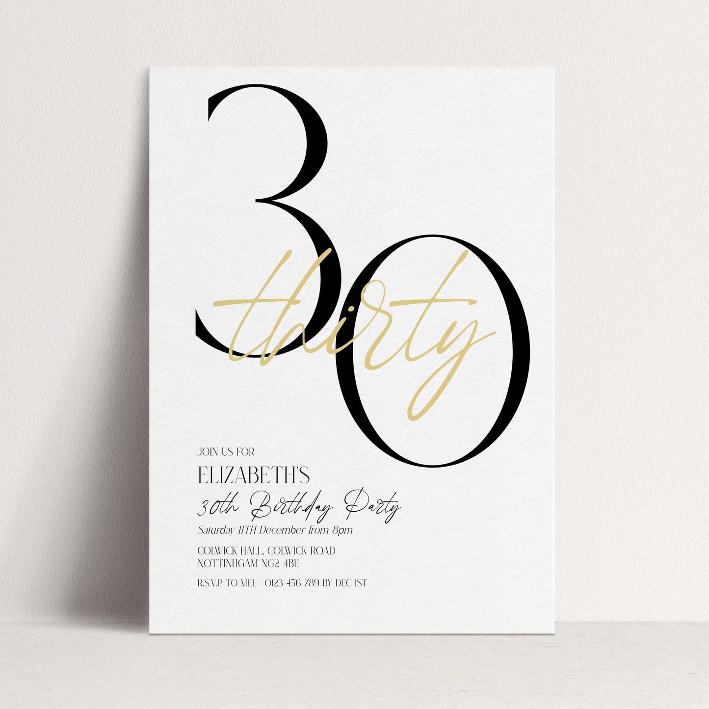 The image is a birthday party invitation for Elizabeth's 30th birthday party.