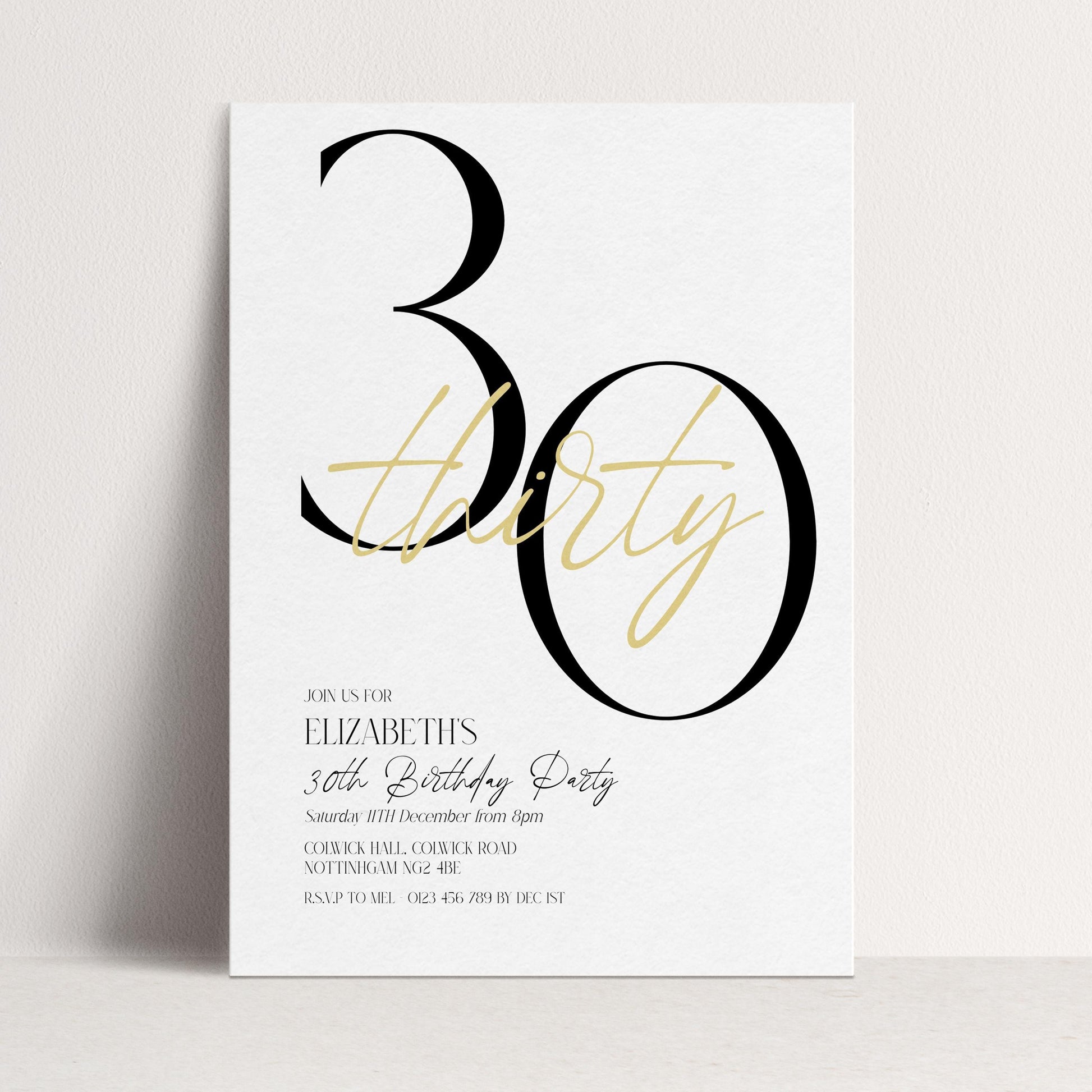 The image is a birthday party invitation for Elizabeth's 30th birthday party.