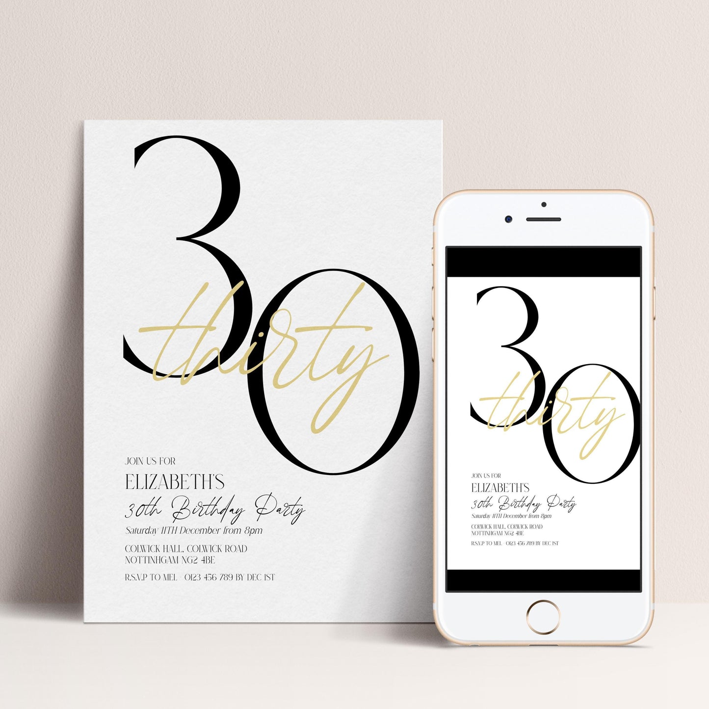 a white invitation card and a smartphone displaying the same invitation.