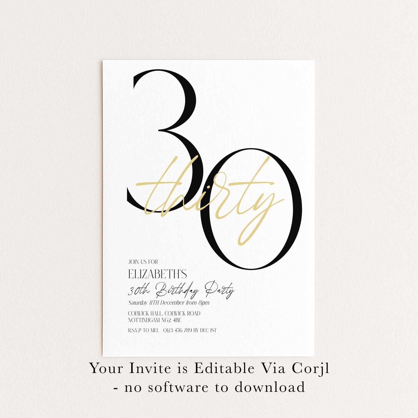 The image is a birthday party invitation for Elizabeth's 30th birthday party.