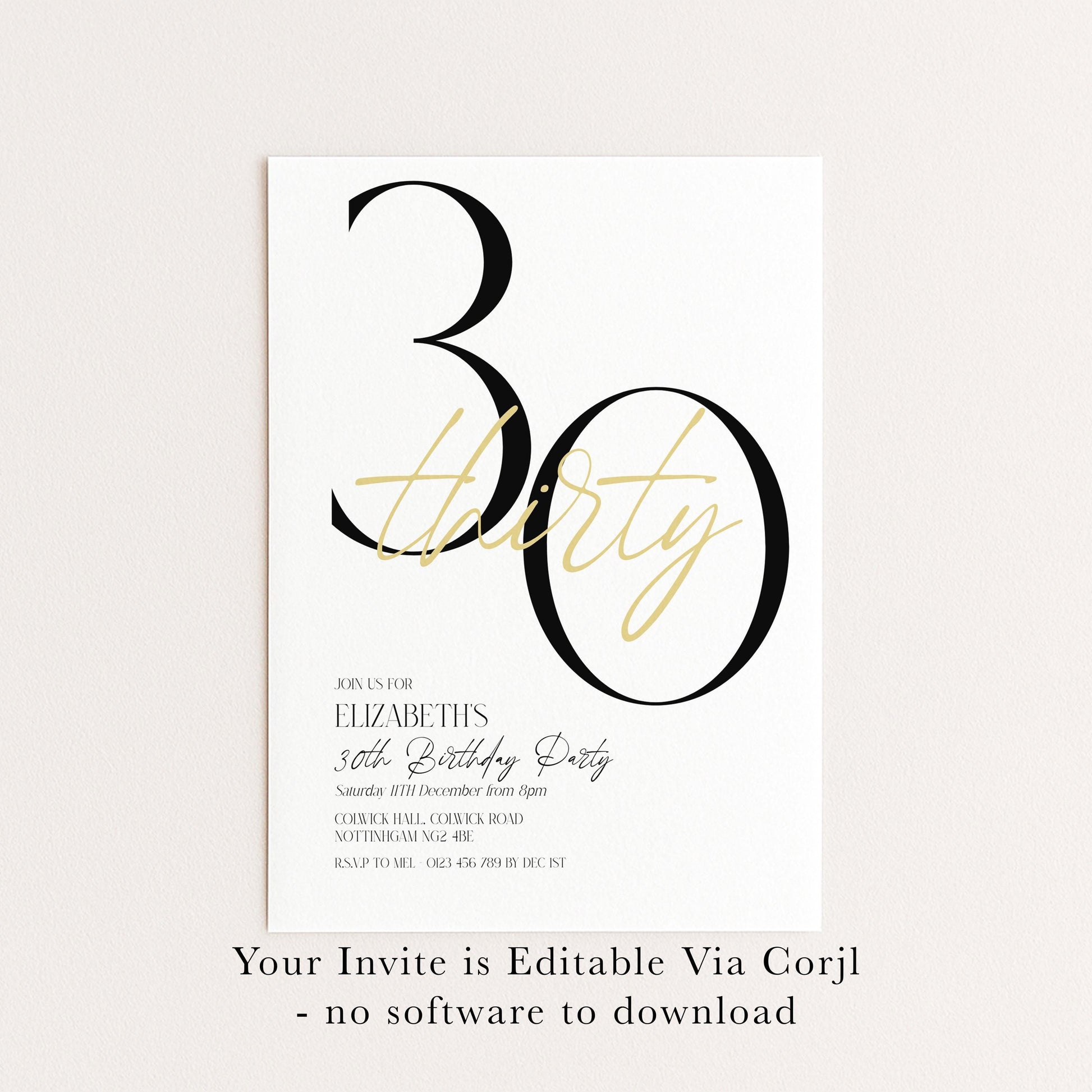 The image is a birthday party invitation for Elizabeth's 30th birthday party.